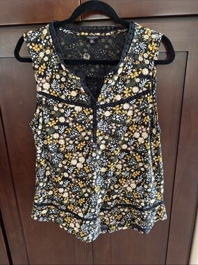 Lucky Brand Black Floral Lace-Trim Tank Top
